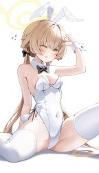 1girl ;p absurdres alternate_costume animal_ears bare_shoulders black_bow black_bowtie blue_archive blush bow bowtie breasts brown_eyes brown_hair covered_navel fake_animal_ears fake_tail halo hifumi_(blue_archive) highleg highleg_leotard highres hooming_illust leotard long_hair looking_at_viewer medium_breasts one_eye_closed playboy_bunny rabbit_ears rabbit_tail simple_background sitting solo spread_legs tail thighhighs tongue tongue_out twintails very_long_hair white_background white_leotard white_thighhighs wrist_cuffs yellow_halo