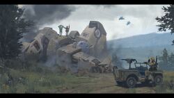 4boys absurdres aiming aircraft airplane arms_up artist_name assault_rifle belt belt_pouch black_gloves bodysuit brown_jacket brown_pants bullet_hole captured car combat_helmet commentary damaged day earth_federation english_commentary fighter_jet gloves grass green_bodysuit gun gun_on_back gundam gundam_08th_ms_team helmet highres holding holding_gun holding_walkie-talkie holding_weapon holster icemarv14 jacket jerry_can letterboxed lying machine_gun mecha mecha_pilot_suit military_combat_uniform military_jeep military_uniform military_vehicle mobile_suit motor_vehicle mountainous_horizon multiple_boys normal_suit_(gundam) on_back one-eyed outdoors pants pouch red_eyes rifle right-hand_drive robot science_fiction smoke soldier spare_tire thigh_holster tree unused_tire utility_belt walkie-talkie war weapon weapon_on_back wreckage zaku_i zeon