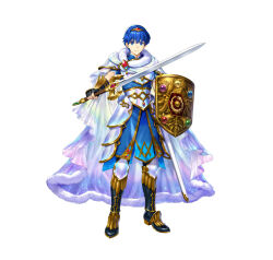 1boy absurdres armor asatani_tomoyo binding_shield cape commentary english_commentary fire_emblem fire_emblem:_mystery_of_the_emblem fire_emblem_heroes full_body fur-trimmed_cape fur_trim highres holding holding_sword holding_weapon looking_at_viewer male_focus marth_(fire_emblem) marth_(hero-king)_(fire_emblem) marth_(hero-king)_(resplendent)_(fire_emblem) nintendo official_art second-party_source shield short_hair simple_background solo standing sword tiara weapon white_background
