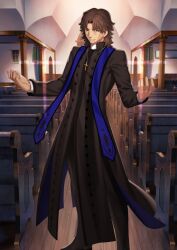 Rule 34 | 1boy, black pants, black robe, black shoes, brown eyes, brown hair, christianity, church, closed mouth, cross, cross necklace, curtained hair, diffraction spikes, fate/grand order, fate (series), feet out of frame, floating clothes, game cg, hands up, high collar, indoors, jewelry, kotomine kirei, latin cross, layered sleeves, long sleeves, looking at viewer, male focus, medium hair, necklace, official art, pants, priest, grigori rasputin (fate), robe, shoes, smile, solo, standing, stole, takeuchi takashi, third-party source, v-shaped eyebrows, variant set