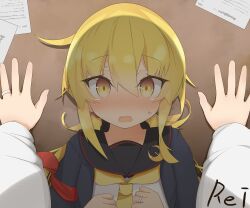 1girl 1other absurdres artist_name black_jacket black_sailor_collar blonde_hair crescent crescent_pin etsuransha_no_rei highres jacket kabedon kantai_collection long_hair looking_at_viewer low_twintails neckerchief pov sailor_collar satsuki_(kancolle) satsuki_kai_ni_(kancolle) school_uniform serafuku shirt twintails upper_body white_shirt yellow_eyes yellow_neckerchief