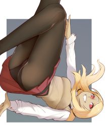 1girl absurdres black_background black_border black_pantyhose blonde_hair blue_background border breasts brown_vest dark-skinned_female dark_skin feet_out_of_frame forehead from_below from_side gravity_daze highres kitten_(gravity_daze) knees_together_feet_apart layered_sleeves legs long_hair long_sleeves looking_at_viewer lying medium_breasts nickleflick on_back open_mouth pantyhose pleated_skirt red_eyes red_skirt school_uniform shirt short_over_long_sleeves short_sleeves sidelocks simple_background skirt sleeve_cuffs smile solo teeth upskirt vest white_shirt
