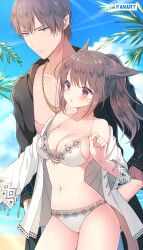 1boy 1girl absurdres animal_ears ayamisiro bare_pectorals beach bikini black_jacket blue_sky breasts cat_ears cat_girl cat_tail cleavage cloud commentary_request couple elezen elf facial_mark final_fantasy final_fantasy_xiv gold_necklace height_difference highres jacket jewelry large_breasts light_brown_hair male_swimwear miqo&#039;te navel necklace outdoors palm_tree pectorals pointy_ears purple_eyes red_eyes sand sky slit_pupils swim_trunks swimsuit tail tree warrior_of_light_(ff14) whisker_markings white_bikini white_jacket