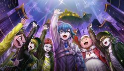 1girl 5boys :d aoyama_kazuki arisugawa_saori arm_up baseball_cap black_jacket blonde_hair blue_eyes blue_hair blue_necktie brown_eyes brown_hair collared_shirt daimon_manami fang floating_castle floating_island green_eyes green_jacket grey_vest hair_between_eyes hat highres jacket long_hair male_focus mita_santarou multiple_boys necktie non-web_source official_art open_mouth red_eyes red_hair red_jacket shirokane_haru shirt short_hair smile taiga_(tribe_nine) teeth tribe_nine upper_teeth_only vest white_shirt yellow_eyes yellow_jacket