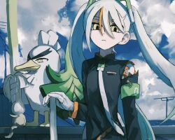 Rule 34 | 1girl, armband, bird, black coat, blue sky, brown eyes, clothing cutout, cloud, cloudy sky, coat, commentary, creatures (company), day, empty eyes, expressionless, eyeshadow, fighting miku (project voltage), floating hair, food, food-themed hair ornament, game freak, gen 8 pokemon, gloves, green armband, green hair, hair ornament, hand on weapon, hand up, hatsune miku, highres, holding, holding food, holding spring onion, holding vegetable, light frown, long sleeves, looking at viewer, makeup, multicolored hair, necktie, nintendo, orange eyeshadow, orange hair, outdoors, pokemon, pokemon (creature), project voltage, radio antenna, rooftop, shoulder cutout, sirfetch&#039;d, sky, solo, spring onion, spring onion hair ornament, streaked hair, takorantan, twintails, upper body, vegetable, vocaloid, white gloves, white hair, white necktie