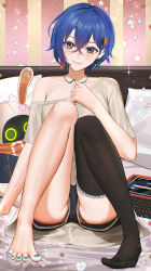 Rule 34 | 1girl, absurdres, anoreika tomoe, bangboo (zenless zone zero), belle (zenless zone zero), black shorts, black thighhighs, blue hair, collarbone, commentary, crossed bangs, dolphin shorts, eous (zenless zone zero), green eyes, green nails, grey shirt, hair ornament, highres, indoors, jewelry, letter hair ornament, looking at viewer, nail polish, necklace, orange panties, panties, shirt, short hair, shorts, single off shoulder, single thighhigh, smile, t-shirt, thighhighs, toenail polish, toenails, underwear, zenless zone zero
