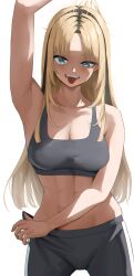 1girl abs absurdres arm_up black_hair blonde_hair blue_eyes breasts cleavage fangs grey_pants grey_sports_bra herzu highres hololive hololive_dev_is koganei_niko large_breasts long_hair looking_at_viewer multicolored_hair open_mouth pants simple_background slit_pupils solo sports_bra streaked_hair teeth toned toned_female tongue tongue_out white_background
