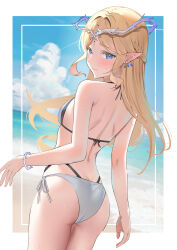 1girl absurdres alternate_costume ass back bare_shoulders bikini blonde_hair blue_eyes blue_sky blush breasts cartethyia_(wuthering_waves) chamaru5963 closed_mouth commentary crown_of_thorns day earrings from_behind hair_intakes highres jewelry looking_at_viewer looking_back median_furrow ocean outdoors pointy_ears shoulder_blades side-tie_bikini_bottom sky small_breasts solo swimsuit tacet_mark_(wuthering_waves) wet white_bikini wuthering_waves