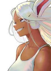 Rule 34 | 1girl, animal ears, bare shoulders, boku no hero academia, breasts, collarbone, commentary, dark-skinned female, dark skin, floating hair, highres, hitomazuki, large breasts, long eyelashes, long hair, looking to the side, mirko, parted bangs, rabbit ears, rabbit girl, red eyes, simple background, smile, solo, symbol-only commentary, tank top, teeth, upper body, white background, white hair, white tank top