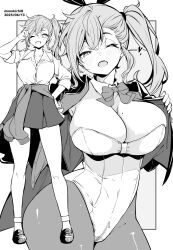 1girl ;d animal_ears artist_name breasts cleavage commentary_request covered_navel dated fake_animal_ears full_body grey_background greyscale highres kichihachi large_breasts leotard medium_hair mole mole_on_breast mole_under_eye monochrome one_eye_closed open_mouth original pantyhose playboy_bunny rabbit_ears shirt side_ponytail skirt smile standing two-tone_background white_background