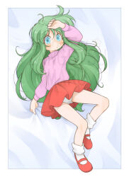1girl arm_up ayanokouji_rem bed_sheet blue_eyes blush dream_hunter_rem full_body gluteal_fold green_hair hand_on_own_head highres long_hair lying miniskirt on_back panties pink_shirt red_shoes red_skirt sheet_grab shirt shoes skirt socks solo thighs underwear white_panties white_socks zangetsumaru
