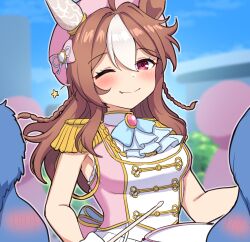 1girl 5others ;) ahoge animal_ears beret blue_bow blue_sky blush bow braid breasts brooch brown_hair closed_mouth cloud commentary_request copano_rickey_(umamusume) day drum drumsticks epaulettes fang fang_out hair_between_eyes hair_bow hat highres horse_ears instrument jewelry long_hair medium_breasts multicolored_hair multiple_others one_eye_closed outdoors pink_bow pink_hat pink_shirt red_eyes shirt sky smile solo_focus star_(symbol) takiki twin_braids two-tone_hair umamusume white_hair