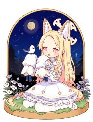 1girl :d animal_ear_fluff animal_ears bird bird_on_hand blonde_hair blue_archive blush bow commentary_request dress flower fox_ears full_moon hair_flower hair_ornament halo hands_up moon night night_sky onyhakase open_mouth outdoors pantyhose red_eyes seia_(blue_archive) sitting sky sleeves_past_fingers sleeves_past_wrists smile solo star_(sky) starry_sky striped_clothes striped_pantyhose tit_(bird) vertical-striped_clothes vertical-striped_pantyhose wariza white_bird white_bow white_dress white_flower white_pantyhose yellow_bow yellow_halo