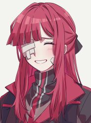 1girl bandaid bandaid_on_eye bandaid_on_face blunt_bangs blush closed_eyes eipenor grin hair_over_shoulder highres jacket limbus_company nervous popped_collar portrait project_moon red_hair red_trim sidelocks simple_background smile solo white_background yuri_(project_moon)