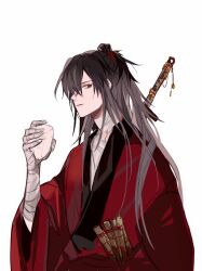 1boy bamboo_slips bandaged_arm bandaged_hand bandaged_neck bandages black_eyes black_hair chinese_clothes chinese_commentary closed_mouth coat coin coin_on_string dao_gui_yi_xian food hair_between_eyes hair_bun hair_over_one_eye half_updo hand_up hanfu highres holding holding_food holding_scroll holding_weapon holed_coin li_huowang long_hair long_sleeves looking_to_the_side male_focus red_coat red_eyes robe scar scar_on_neck scroll sheath sheathed simple_background single_hair_bun solo sword sword_on_back upper_body weapon weapon_on_back white_background white_hanfu wide_sleeves yuanli0109