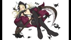 1girl absurdres bat_(animal) black_boots black_cape black_gloves black_hat black_leotard blonde_hair boots breasts cape crossed_legs eyeshadow gloves hair_ornament hairclip hat high_heel_boots high_heels highres large_breasts leotard long_hair makeup mole mole_under_mouth naughty_face navel non-web_source official_art pillarboxed red_eyes revealing_clothes scythe senran_kagura senran_kagura_burst_re:newal shiki_(senran_kagura) skull_print smile solo thigh_boots tongue tongue_out veins weapon white_background yaegashi_nan