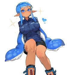 Rule 34 | 1girl, absurdres, black shorts, blue boots, blue eyes, blue hair, blue shirt, blue theme, blunt bangs, boots, breast pocket, breasts, closed mouth, collared shirt, commentary request, dark-skinned female, dark skin, feet out of frame, heart, highres, inkling girl, inkling player character, knee up, large breasts, long hair, long sleeves, looking at viewer, nintendo, pocket, pointy ears, shirt, shorts, simple background, sitting, solo, sparkle, splatoon (series), tentacle hair, togetoge, twintails, very long hair, white background