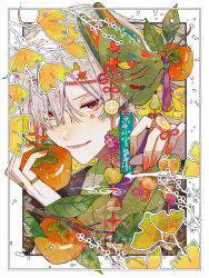 Rule 34 | 1boy, apple, autumn, floral border, food, food focus, fox mask, fruit, ginkgo tree, highres, holding, holding food, holding fruit, male focus, mask, mask on head, narrowed eyes, open mouth, orange eyes, orange nails, original, pale skin, persimmon, shira mame93, smile, solo, tassel, white hair
