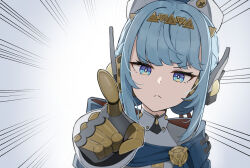 1girl android blue_eyes blue_hair closed_mouth emphasis_lines genshin_impact hair_ornament hat highres ineffa_(genshin_impact) jhp987 joints long_hair looking_at_viewer mechanical_arms pointing pointing_at_viewer ringed_eyes robot_joints solo upper_body v-shaped_eyebrows