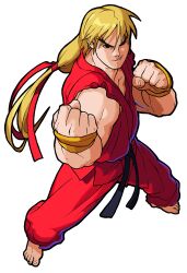 Rule 34 | 1990s (style), 1boy, absurdres, barefoot, belt, bengus, black belt, blonde hair, brown eyes, clenched hands, dougi, fingerless gloves, forked eyebrows, from above, full body, game cg, gloves, grin, highres, ken masters, legs apart, long hair, looking at viewer, low ponytail, male focus, martial arts belt, marvel super heroes vs. street fighter, marvel vs. capcom, mma gloves, non-web source, official art, pectorals, ponytail, retro artstyle, simple background, smile, solo, standing, street fighter, teeth, torn clothes, torn sleeves, white background