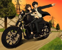 1boy 1girl amamiya_ren arm_around_waist black_hair black_jacket black_pants black_shoes brown_hair chaosoded commission glasses grass highres jacket motor_vehicle motorcycle niijima_makoto on_motorcycle open_clothes open_jacket open_mouth orange_sky outdoors outstretched_arm pants parted_lips persona persona_5 pointing pointing_to_the_side red_eyes riding shirt shoes short_hair sitting sky smile sunset three_quarter_view tree watch white_shirt wristwatch