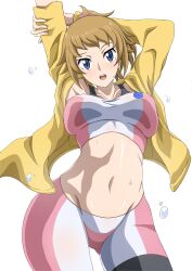 Rule 34 | 1girl, absurdres, arms up, bike shorts, blue eyes, blush, breasts, brown hair, commentary request, cowboy shot, gluteal fold, grey background, groin, gundam, gundam build fighters, gundam build fighters try, highres, hoshino fumina, jacket, large breasts, looking at viewer, medium hair, midriff, navel, open clothes, open jacket, open mouth, ponytail, safety kaijo, simple background, solo, sports bra, stomach, stretching, sweat, two-tone sports bra, yellow jacket