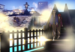 Rule 34 | 2boys, bag, blue jacket, brown kimono, building, bungou to alchemist, closed mouth, couple, diffraction spikes, dusk, facing viewer, fence, full body, futabatei shimei (bungou to alchemist), glasses, green sash, grey hair, hair between eyes, haori, holding, holding bag, holding hands, holding kinchaku, jacket, japanese clothes, kacka, kimono, kinchaku, long hair, long sleeves, male focus, multiple boys, onsen, open clothes, open jacket, outdoors, pinstripe kimono, pinstripe pattern, ponytail, pouch, red hair, red jacket, rock, round eyewear, sandals, sash, short bangs, short hair, smile, stairs, steam, stone lantern, tsubouchi shouyou (bungou to alchemist), walking, water, wooden fence, yaoi, yukata, zouri