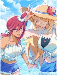 2girls bikini bikini_under_clothes bikini_under_shorts blonde_hair blue_bikini blue_eyes blue_sarong blue_shorts blue_sky breasts brown_hat closed_mouth cloud cloudy_sky collarbone crop_top cynthia_(pokemon) cynthia_(summer_2025)_(pokemon) denim denim_shorts flower flower_hat grey_eyes hair_ornament hair_over_one_eye hat hat_flower highres long_hair looking_at_viewer midriff multiple_girls navel nintendo off-shoulder_shirt off_shoulder official_alternate_costume one_side_up open_mouth outdoors partially_submerged pokemon pokemon_masters_ex red_hair sarong shirt shorts sidelocks sky skyla_(pokemon) skyla_(summer_2025)_(pokemon) smile straw_hat sun_hat swimsuit tied_shirt very_long_hair water yum00m