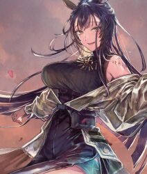 1girl animal_ears arknights black_hair black_skirt black_sweater cowboy_shot deer_ears deer_girl grey_jacket highres jacket jewelry long_hair necklace open_mouth petals shirt side_slit skirt sleeveless sleeveless_sweater smile solo sweater tsukinogi_(arknights) ueno_zousui very_long_hair