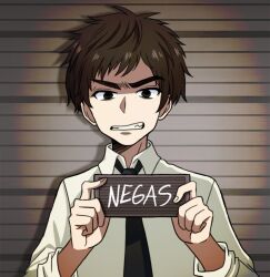 1boy animification barbie_mugshot_(meme) black_eyes black_necktie brown_hair card character_name don_makila frown height_chart holding holding_card holding_sign male_focus meme mugshot nameplate necktie negas shirt sign solo thick_eyebrows upper_body white_shirt ximsol182