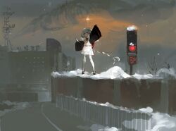 1girl apron arm_up back_bow black_shirt black_shoes bow bowtie chinese_commentary closed_mouth commentary_request expressionless factory full_body grey_hair hat industrial long_sleeves maid_apron night original outdoors pleated_skirt red_bow red_bowtie red_eyes road shirt shoes skirt smoke snow solo star_(sky) street tail thighhighs traffic_light vihua6 white_apron white_hat white_skirt white_thighhighs wide_sleeves winter