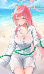 1girl absurdres ahoge beach bikini bikini_under_clothes blue_archive blue_sky blush breasts cleavage cloud cloudy_sky collarbone commentary double-parted_bangs green_eyes hair_between_eyes hair_intakes halo halterneck hanako_(blue_archive) hanako_(swimsuit)_(blue_archive) highres holding holding_hose horizon hose large_breasts leeinhyeon_0402 long_hair long_sleeves looking_at_viewer mountainous_horizon official_alternate_costume official_alternate_hairstyle on_ground orange_bikini outdoors parted_lips pink_hair pink_halo puffy_long_sleeves puffy_sleeves sand see-through_clothes see-through_shirt shirt sitting sky sleeves_past_fingers sleeves_past_wrists smile solo starfish swimsuit thighs wet wet_clothes white_shirt