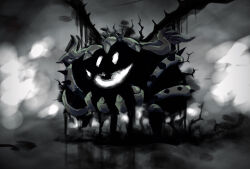 absurdres armlet blurry blurry_background commentary_request crown dripping eye_in_mouth floating_hair grey_background greyscale highres jewelry kirby_(series) large_horns looking_ahead magolor magolor_soul master_crown monochrome multiple_armlets nintendo no_humans solid_oval_eyes solo spiked_armlet suyasuyabi third_eye wings