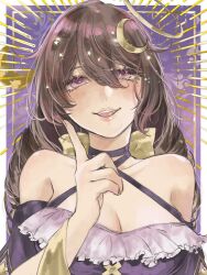 Rule 34 | 0kieri, 1girl, astricalex, bad link, bare shoulders, border, bow, breasts, brown hair, cleavage, collarbone, commission, crescent, crescent hair ornament, criss-cross halter, drill hair, frilled shirt, frills, gold halo, hair between eyes, hair ornament, half-closed eyes, halterneck, hand up, highres, index finger raised, indie virtual youtuber, large breasts, light blush, long hair, looking at viewer, mole, mole under eye, off-shoulder shirt, off shoulder, outside border, parted lips, purple background, purple eyes, purple shirt, second-party source, shirt, skeb commission, smile, solo, teeth, twin drills, upper body, upper teeth only, virtual youtuber, white border, yellow bow