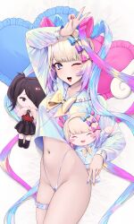 Rule 34 | 1girl, ame-chan (needy girl overdose), arm up, bare hips, bed sheet, belt, blonde hair, blue belt, blue bow, blue eyes, blue hair, blue nails, blue panties, blue sailor collar, blue serafuku, blunt bangs, blush, bow, bowtie, breasts, character doll, chouzetsusaikawa tenshi-chan, collarbone, dakimakura (medium), doll, eyeshadow, fingernails, gradient belt, gradient clothes, gradient hair, gradient shirt, groin, hair bow, hashtag-only commentary, heart, heart-shaped pillow, highleg, highleg panties, highres, hip bones, long hair, long sleeves, looking at viewer, makeup, multicolored hair, multicolored nails, multicolored shirt, nail polish, navel, needy girl overdose, no pants, one eye closed, open mouth, panties, pillow, pink bow, pink eyeshadow, pink hair, pink nails, purple bow, quad tails, sailor collar, school uniform, serafuku, shirt, shirt overhang, sleeves past wrists, smile, solo, star ornament, stomach, stuffed toy, teeth, thigh belt, thigh strap, thighs, tongue, underwear, v, v over head, very long hair, w, waytok, yellow bow, yellow bowtie, yellow nails, yume kawaii