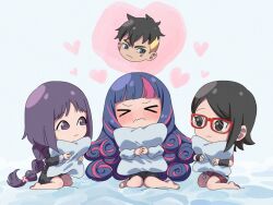 &gt;_&lt; 1boy 3girls ada_(boruto) ariamikukanzaki barefoot black_eyes black_hair blonde_hair blue_hair blunt_bangs boruto:_naruto_next_generations braid chibi commentary cross_scar curly_hair facial_scar feet frown glasses heart holding holding_pillow hugging_object kakei_sumire kawaki_(boruto) long_hair medium_hair multicolored_hair multiple_girls naruto_(series) pillow pillow_hug pink_hair purple_eyes purple_hair red-framed_eyewear scar scar_on_cheek scar_on_face sitting streaked_hair sweatdrop tears toes twitter_username two-tone_hair uchiha_sarada undercut wariza wavy_mouth