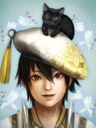 beret black_eyes black_hair cat flower hakama hat japanese_clothes kimono lips sengoku_musou smile takenaka_hanbei