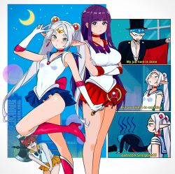 2boys 2girls alternate_costume bishoujo_senshi_sailor_moon blush breasts closed_mouth cosplay crescent crescent_moon crossed_arms english_text fern_(sousou_no_frieren) frieren green_eyes highres himmel_(sousou_no_frieren) large_breasts moon multiple_boys multiple_girls multiple_views night night_sky pointy_ears purple_eyes purple_hair sailor_mars sailor_mars_(cosplay) sailor_moon sailor_moon_(cosplay) sailor_venus sailor_venus_(cosplay) sky small_breasts snegovski sousou_no_frieren standing star_(sky) stark_(sousou_no_frieren) starry_sky tuxedo_kamen tuxedo_kamen_(cosplay) twintails white_hair