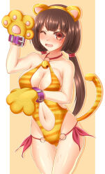 animal_ears animal_print bell black_hair blunt_bangs blush breasts brown_eyes cleavage ii_naotora large_breasts long_hair navel o-ring one_eye_closed sengoku_musou tail thighs tiger_ears tiger_print tiger_tail twintails wide_hips wink