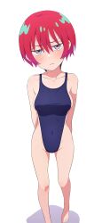 1girl absurdres amate_yuzuriha aqua_eyes barefoot black_one-piece_swimsuit closed_mouth collarbone commentary_request full_body gundam gundam_gquuuuuux highleg highleg_one-piece_swimsuit highres legs looking_at_viewer na-suke one-piece_swimsuit red_hair short_hair simple_background solo standing swimsuit thighs white_background