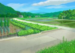 blue_sky building cloud commentary flower forest grass illustration_room_nagi mountain nature no_humans onion original outdoors power_lines rice_paddy road rural scenery sky torii tree utility_pole village water