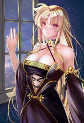 Rule 34 | 1girl, bare shoulders, black dress, black sleeves, blonde hair, breasts, cleavage, closed mouth, clothing cutout, collarbone, commentary request, criss-cross halter, detached sleeves, dress, fate testarossa, halterneck, highres, indoors, large breasts, long hair, long sleeves, looking at viewer, lyrical nanoha, mahou shoujo lyrical nanoha strikers, night, paid reward available, red eyes, sky, sleeveless, sleeveless dress, solo, sougetsu izuki, star (sky), starry sky, very long hair, wide sleeves, window