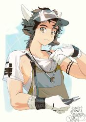 1boy animal_ears arknights artist_name braid closed_mouth cow_boy cow_ears cow_horns doodle_inset gloves highres holding_pliers horns jewelry looking_at_viewer male_focus necklace pliers po_to_pu smile sweat upper_body visor_cap wan_qing_(arknights) wan_qing_(tons_of_sunshine)_(arknights) watermark white_gloves