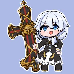 Rule 34 | 1girl, :d, black dress, black pantyhose, blue background, blue eyes, chibi, cross, dress, highres, honkai (series), honkai impact 3rd, juliet sleeves, long sleeves, looking at viewer, medium hair, mokkyo (motkyo), open mouth, pantyhose, petticoat, puffy sleeves, simple background, smile, solo, standing, theresa apocalypse, white hair