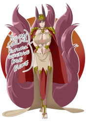 1girl absurdres animal_ears armor boruto:_naruto_next_generations boruto:_naruto_the_movie breasts cape demon_girl facial_mark feet fox_ears fox_girl fox_tail genderswap genderswap_(mtf) hair_between_eyes highres kitsune kurama_(naruto) kyuubi large_breasts large_tail long_hair looking_at_viewer mattwilson83 multiple_tails naruto naruto:_the_last naruto_(series) naruto_shippuuden princess red_cape red_eyes red_tail shared_towel sketch smile solo tail warrior whisker_markings