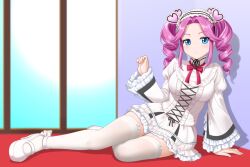 1girl akinojo blue_eyes bow bowtie day drill_hair frills hair_ornament hairband heart heart_hair_ornament highres indoors long_hair long_sleeves looking_at_viewer maid_headdress mary_janes pink_hair red_bow red_bowtie shikoku_metan shoes smile solo thighhighs twin_drills voicevox white_shoes white_thighhighs wide_sleeves zettai_ryouiki