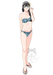 Rule 34 | 1girl, absurdres, aqua bikini, bikini, black hair, braid, breasts, full body, green eyes, hair over shoulder, hairband, highres, kantai collection, long hair, looking at viewer, ojipon, ooyodo (kancolle), ooyodo (swimsuit) (kancolle), plaid bikini, plaid clothes, sandals, semi-rimless eyewear, simple background, single braid, small breasts, smile, solo, standing, strapless, strapless bikini, swimsuit, under-rim eyewear, watermark, white background, white hairband