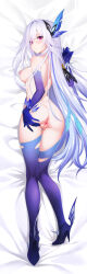 1girl anus armpits ass bandana bed_sheet black_bandana blush boots breasts dakimakura_(medium) dakimakura_(object) elbow_gloves feather_hair_ornament feathers full_body genshin_impact gloves hair_ornament hand_on_own_ass highres kirilenko_(cgd) long_hair looking_at_viewer lying medium_breasts multicolored_hair nipples nude on_bed on_side pillow purple_boots purple_gloves purple_hair pussy_juice pussy_juice_trail skirk_(genshin_impact) solo streaked_hair teeth thigh_boots thighhighs thighs torn_clothes torn_thighhighs very_long_hair white_hair