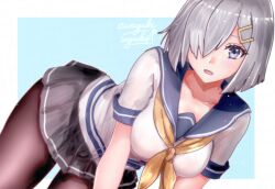 1girl all_fours aqua_background awayuki_uyuko blue_eyes blue_sailor_collar grey_hair grey_skirt hair_ornament hair_over_one_eye hairclip hamakaze_(kancolle) highres kantai_collection looking_at_viewer neckerchief sailor_collar sailor_shirt school_uniform serafuku shirt short_hair short_sleeves skirt solo wet_all_fours white_shirt yellow_neckerchief