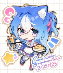 Rule 34 | 1girl, animal ears, ankle boots, apron, asymmetrical footwear, blue eyes, blue hair, blue shoes, boots, bow, bowtie, breasts, cat ears, chibi, chibi only, cleavage, commentary, commission, cup, dated, drinking glass, english commentary, food, frilled socks, frills, fruit, full body, grid background, hair ribbon, hands up, highres, holding, holding tray, lace-up boots, leg up, lemonade, lime (fruit), lime slice, long hair, medium breasts, mismatched footwear, multicolored eyes, omelet, omurice, original, orphaneater io, over-kneehighs, pink bow, pink bowtie, pink ribbon, pink shoes, purple eyes, ribbon, rice, rope, shimenawa, shoes, short sleeves, socks, solo, standing, standing on one leg, star (symbol), star in eye, sweatdrop, symbol in eye, thighhighs, tongue, tongue out, tray, twitter username, two-tone eyes, underbust, white apron, white background, white socks